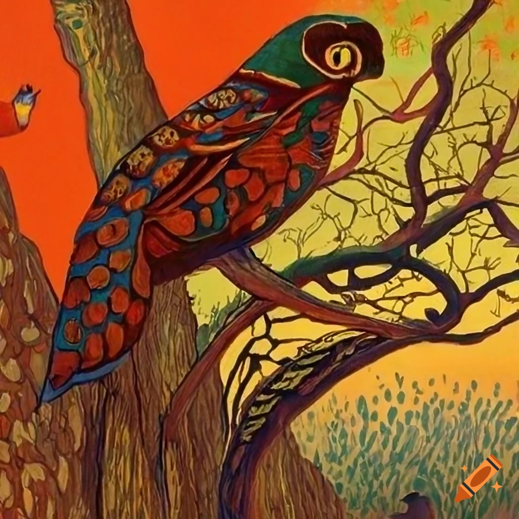 Wilderness 'West of Eden' with Salish motifs featuring snakeskin bark trees, exotic birds, and wildlife