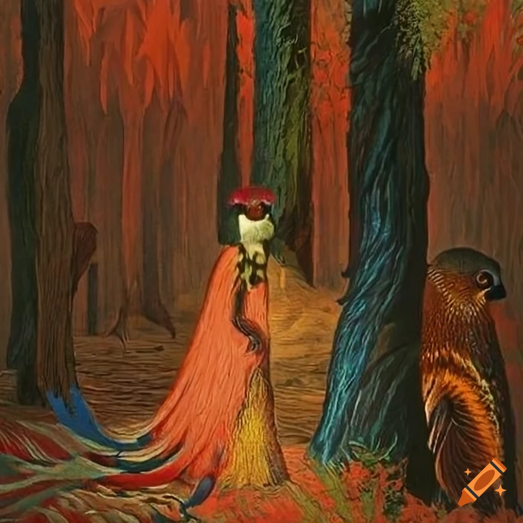 Wilderness inspired by Salish motifs with exotic birds, porcupines, and beavers