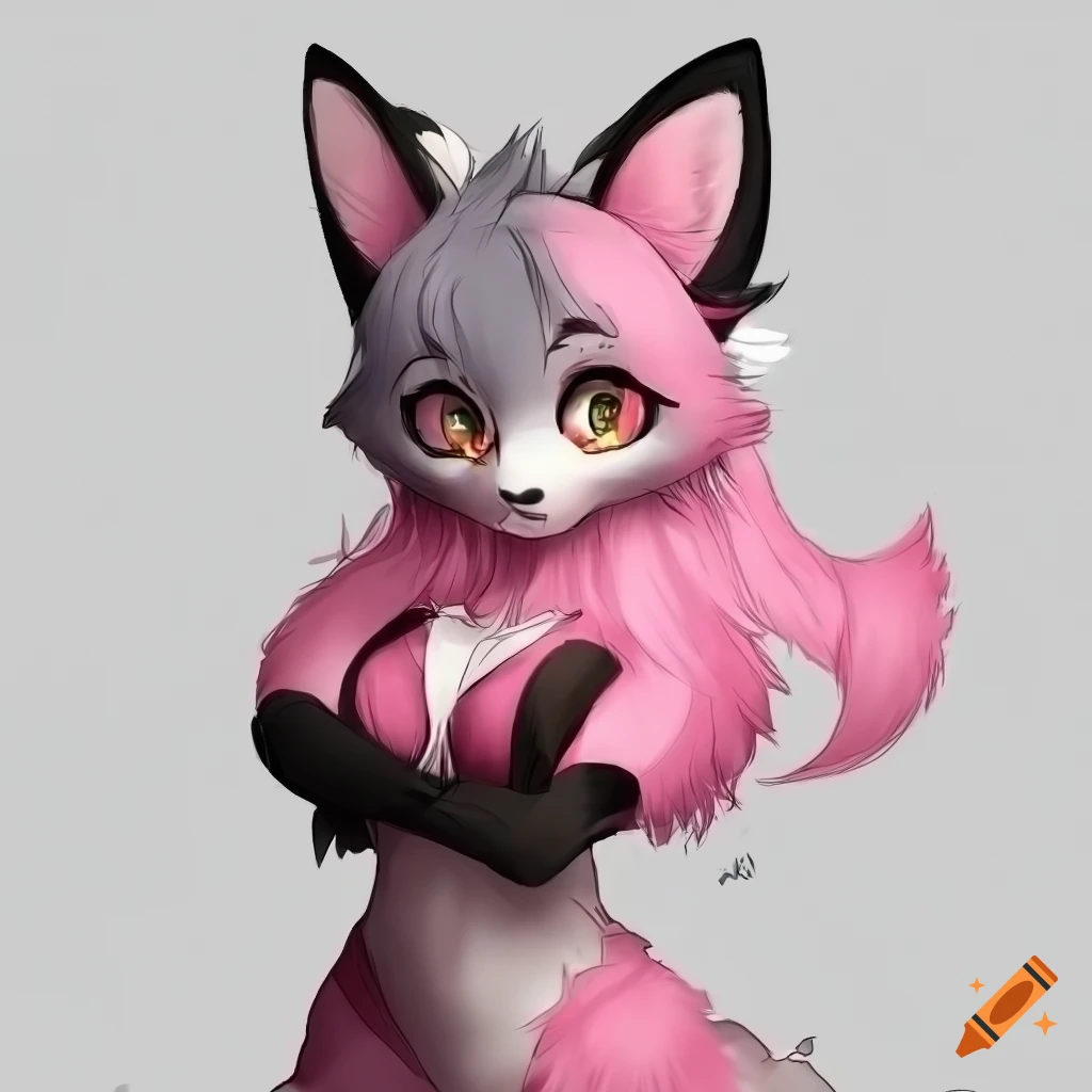 Anthropomorphic fox fursona with pink and black fur in anime style
