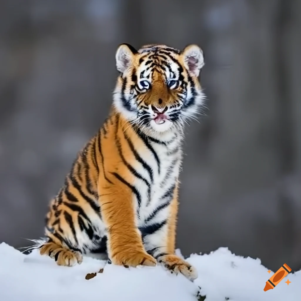 Cute tiger cub sitting in the snow