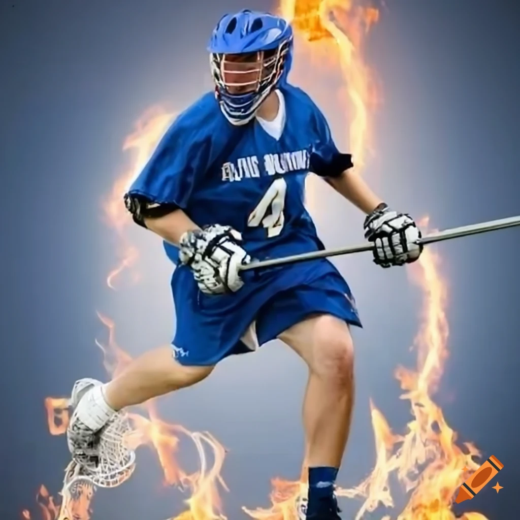 Lacrosse player in white and blue jersey with number 3 running through fire