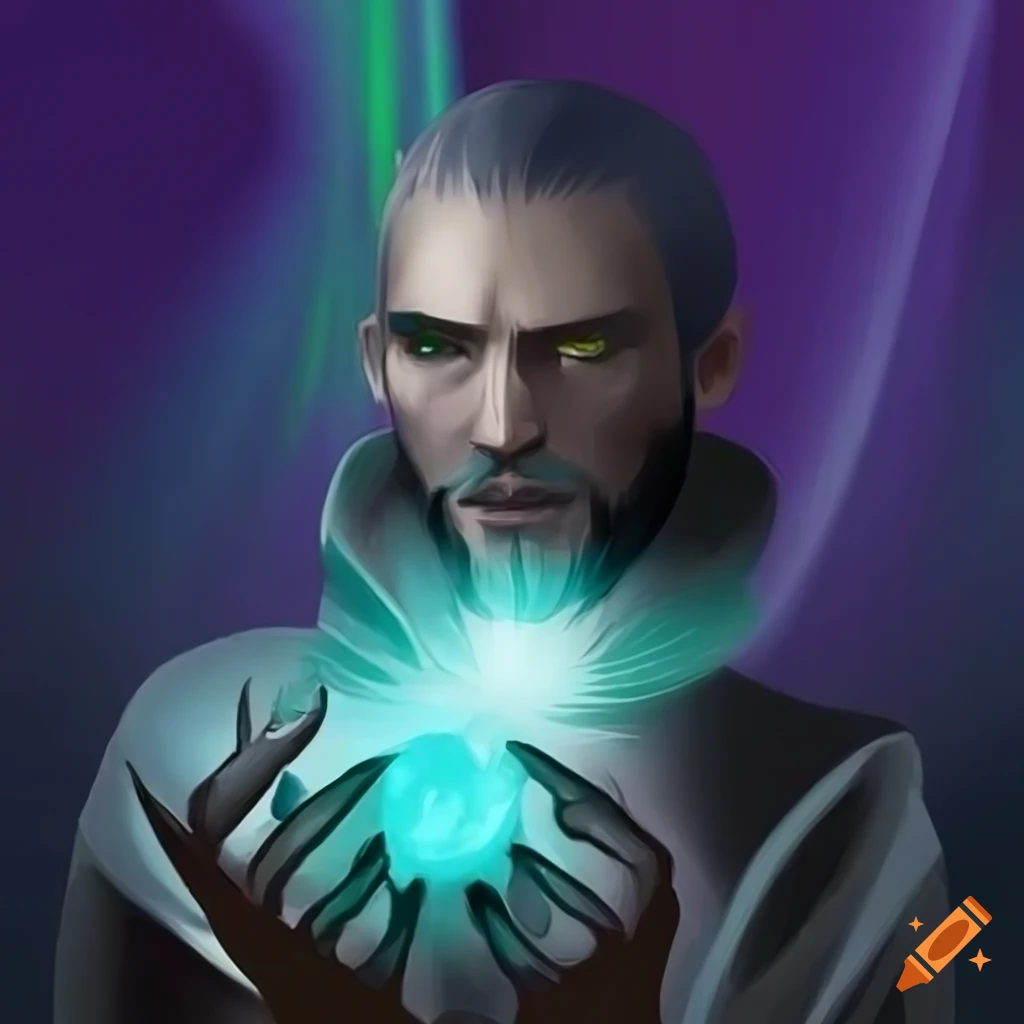 Attractive male sorcerer with silver skin and stylish black and white hair
