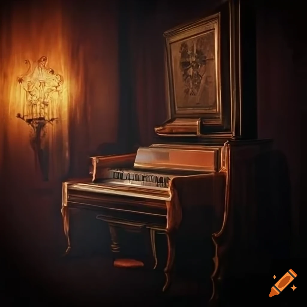1920's-style book cover with a dark sitting room and a piano with a cigarette