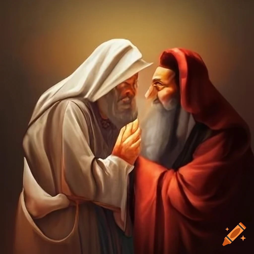 Talmudic sages in traditional garb greeting above the clouds