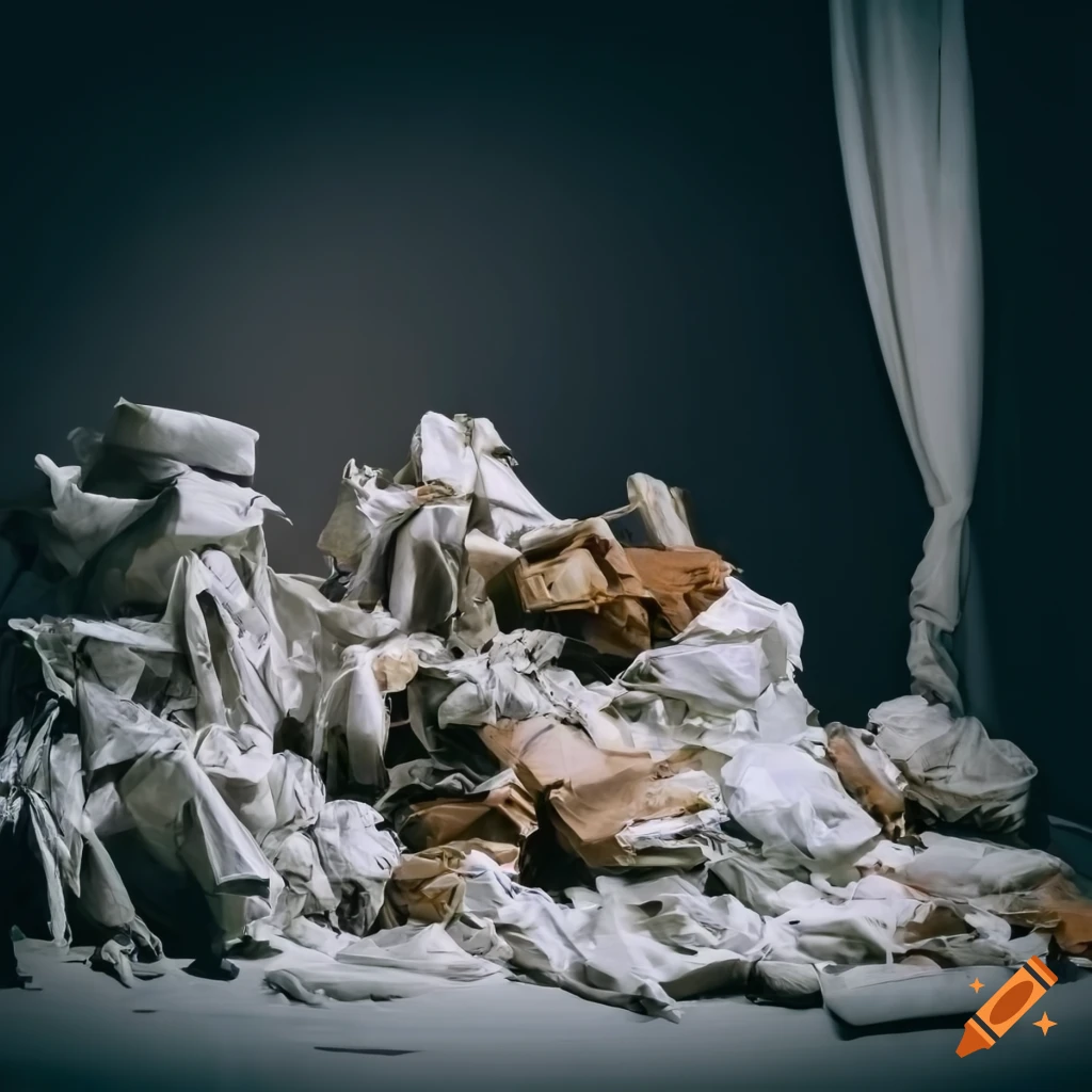 Pile of junk garbage covered with white drapery in a dramatic destroyed landscape