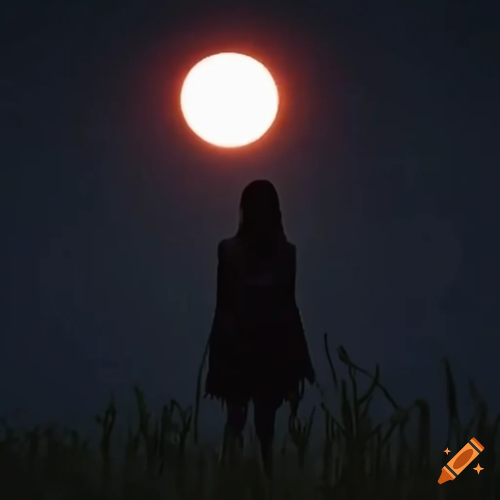 Dark paranormal scene with girls hands in a corn field under a red moon