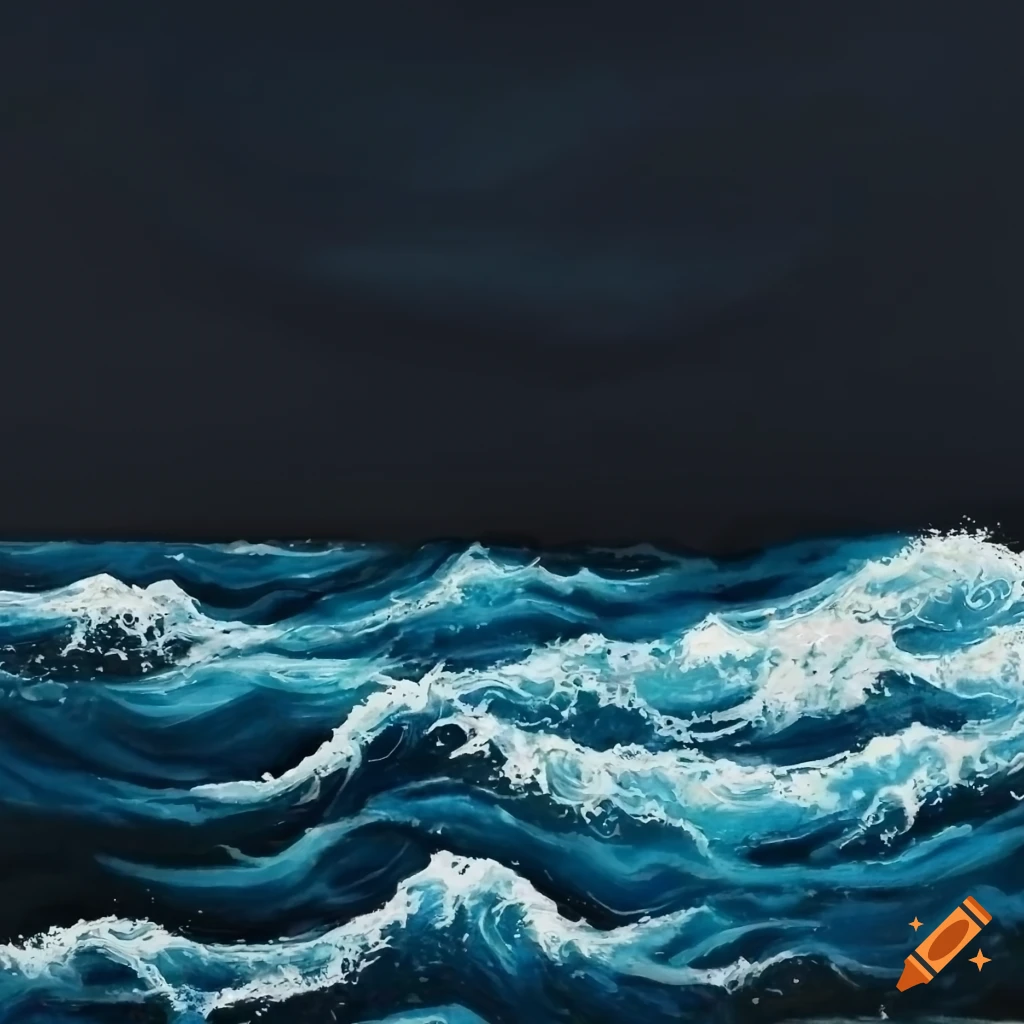 Japanese style painting of sea waves crashing with contrasting dark waves and white foam