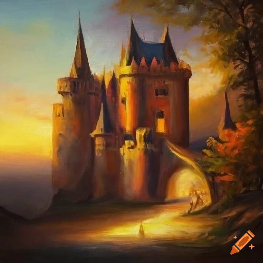 Castle painting at dusk in oil