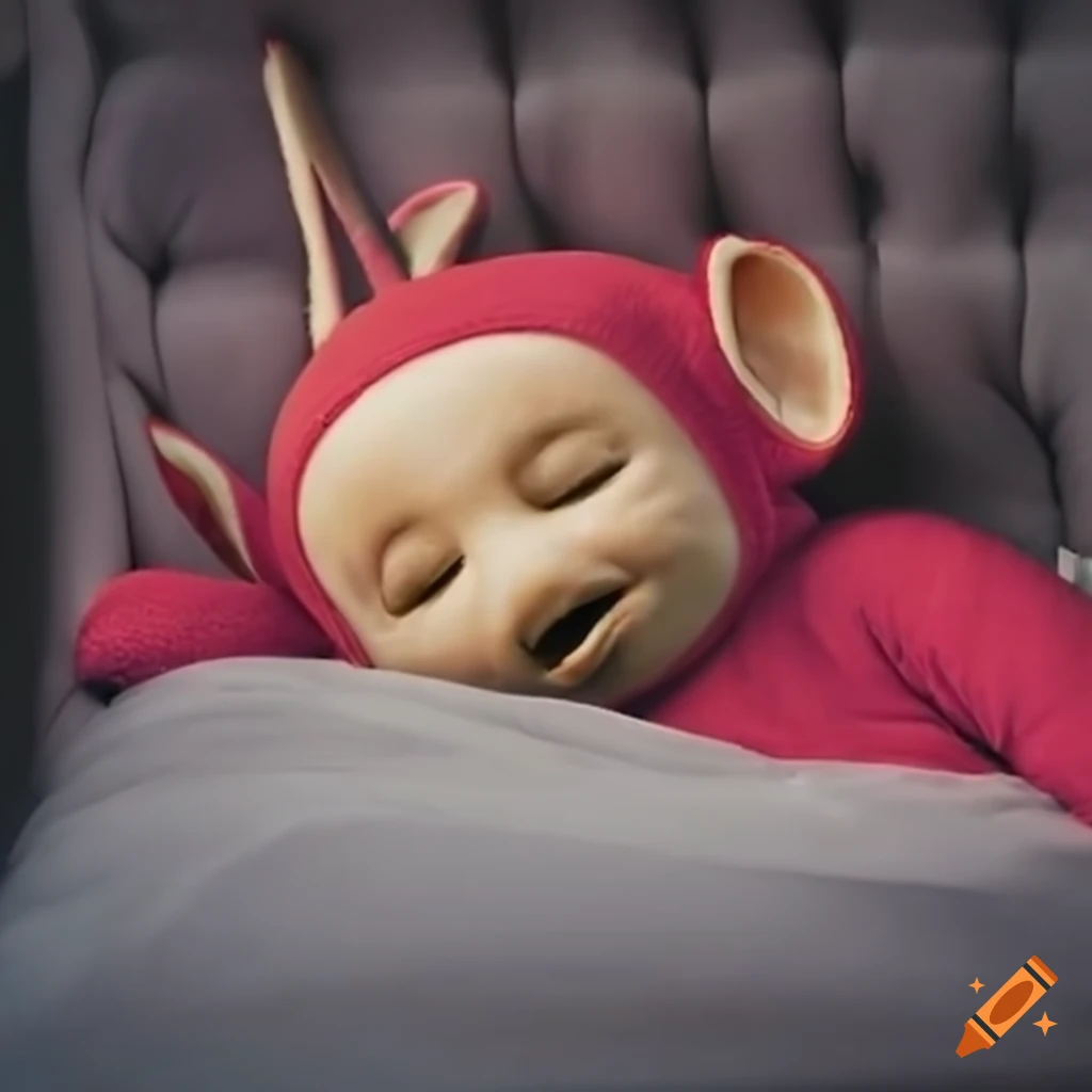 Sleeping teletubby in a racecar bed