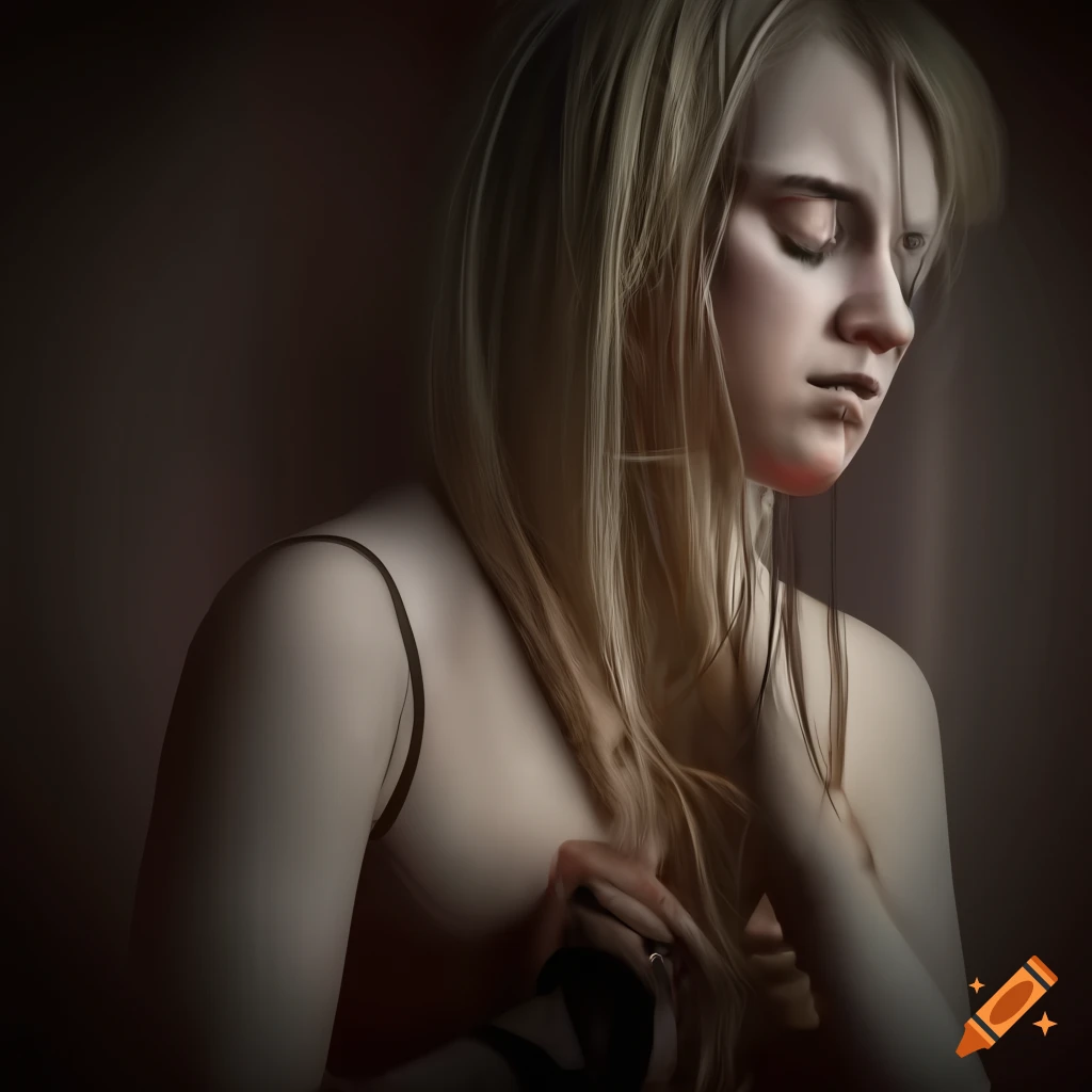 Blonde young woman in gothic attire trapped behind bars with eyes closed
