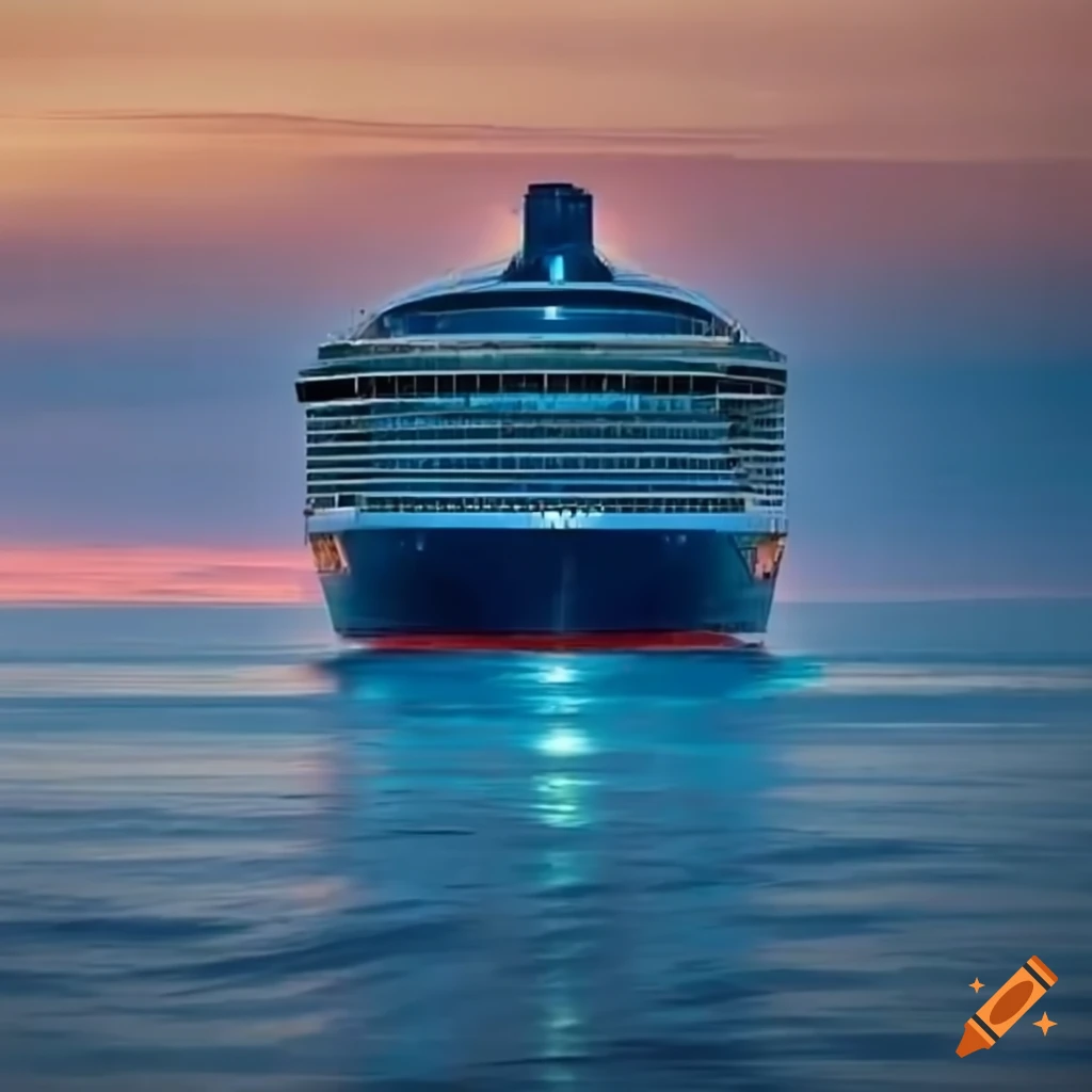 Huge cruise ship sailing towards the sunset in a blue sea on craiyon