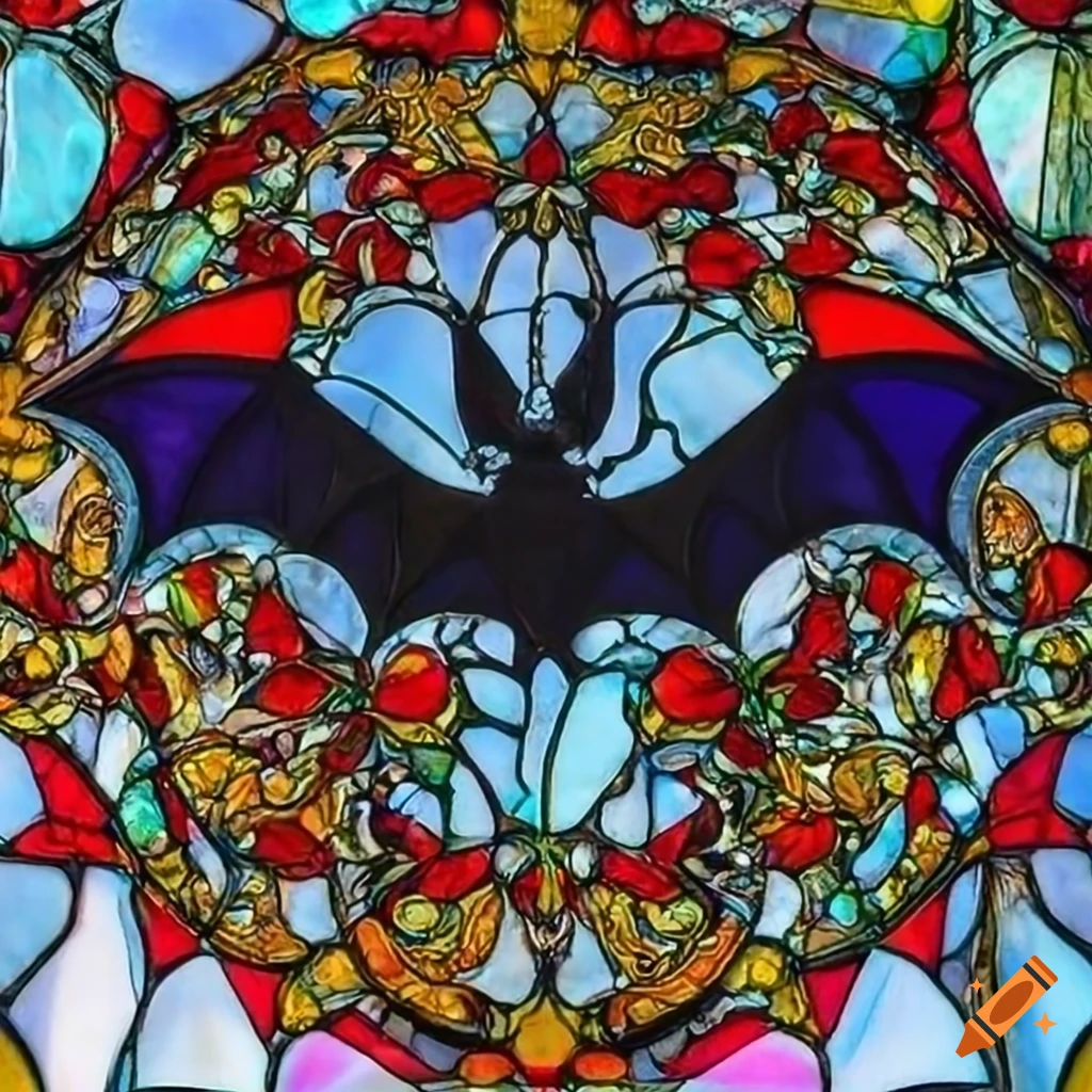 Mysterious bat silhouette flying past ornate stained-glass window