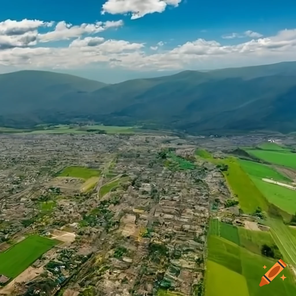 Aerial view of a small city with hills, fields, and mountains in the ...