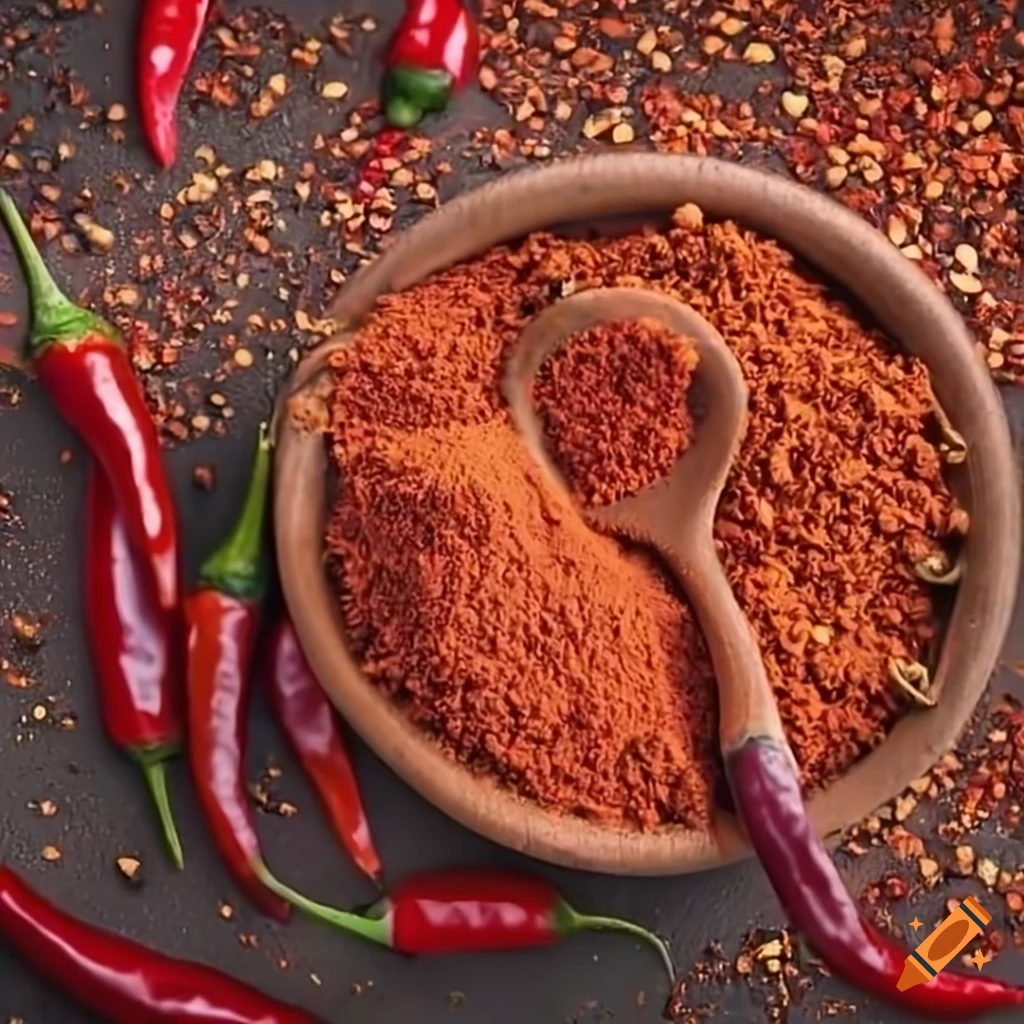 Red chilli powder with high definition red chillies on Craiyon