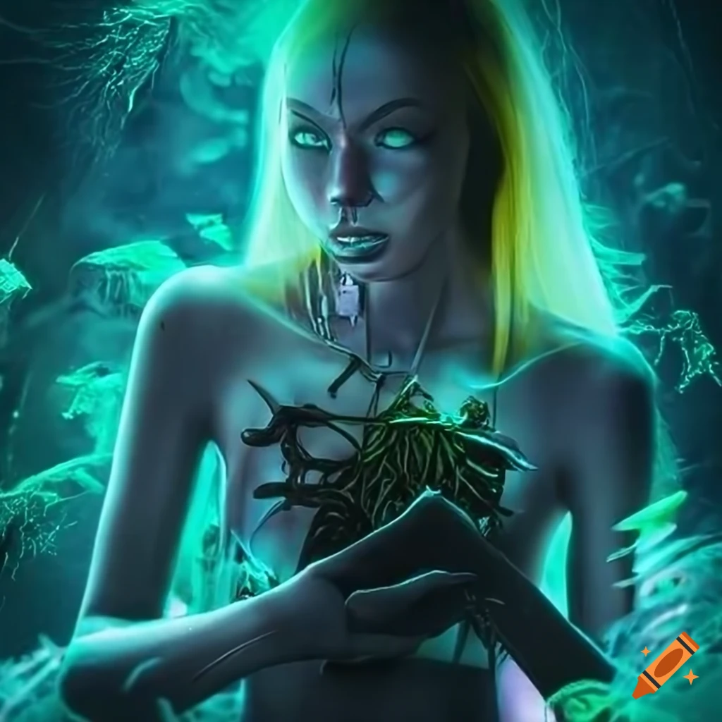 Glowing biopunk cityscape with moss, plants, mushrooms, crystals, and cyborg goddesses