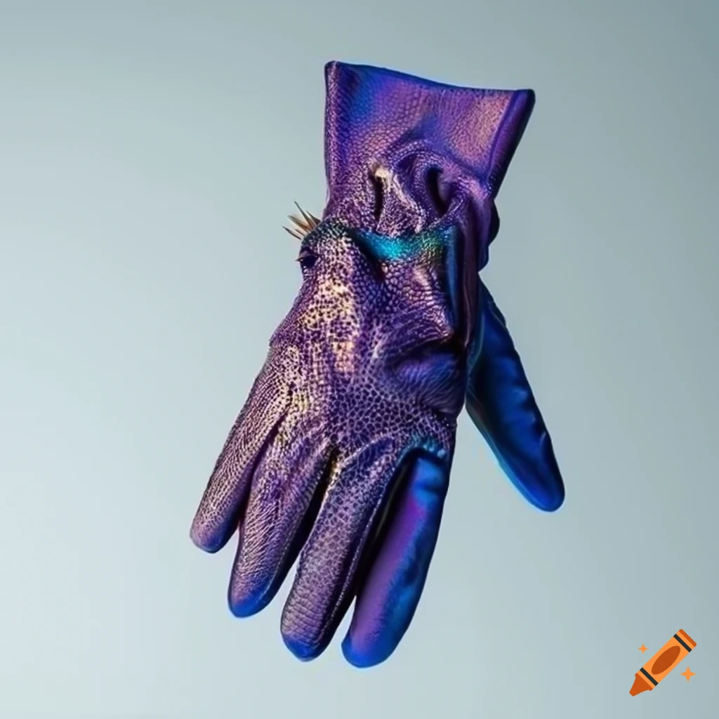 Iridescent lizard leather gloves on white background
