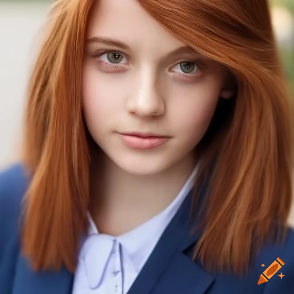 Portrait of a 20-year-old in a dark blue suit with auburn hair and a sultry smile