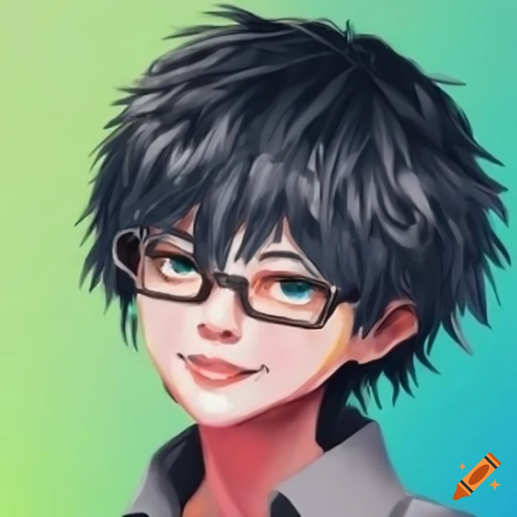 Anime boy with black hair and glasses smiling happily