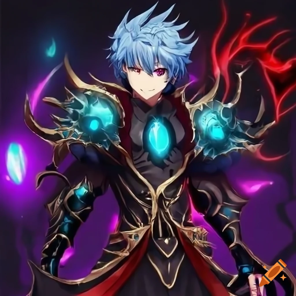 Anime fantasy character in mage armor with fiery green/blue flame, bat winged colossal armor