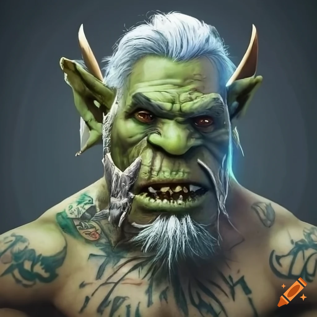 Orc with grey-green skin and tattoos, white hair in a bun