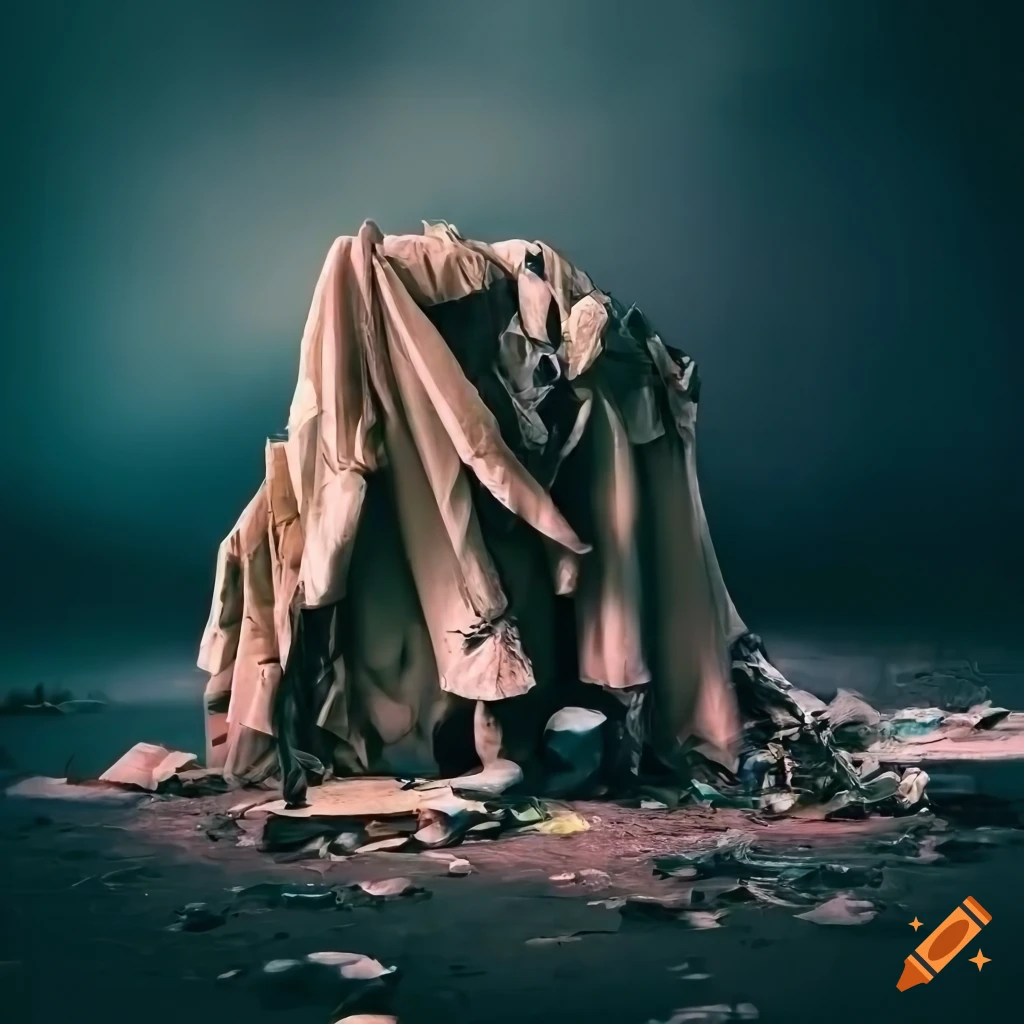Pile of junk covered with drapery in a dramatic landscape