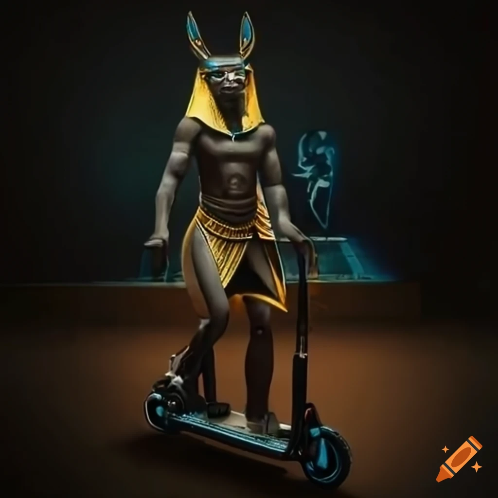 Anubis on electric scooter in cinematic egyptian park on Craiyon