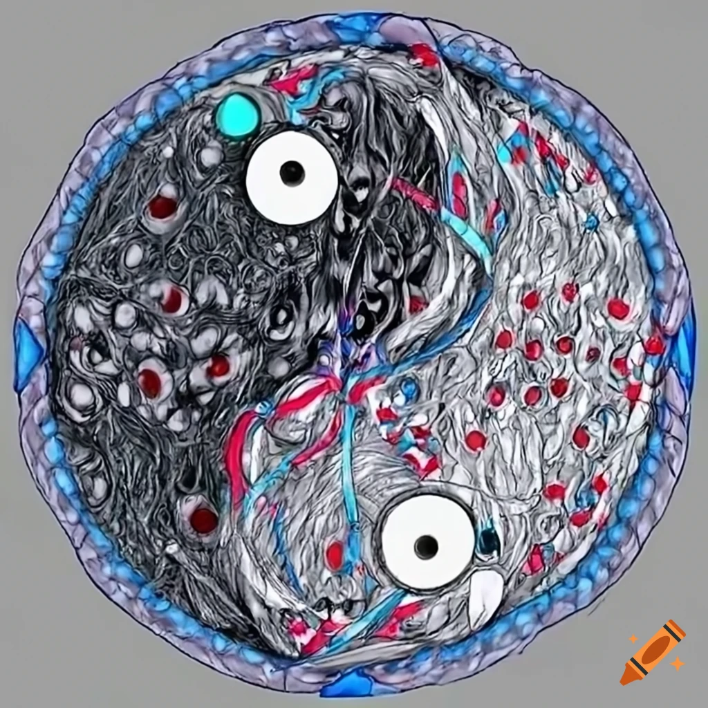 Ying yang relationship between healthy and cancer cells in red and blue