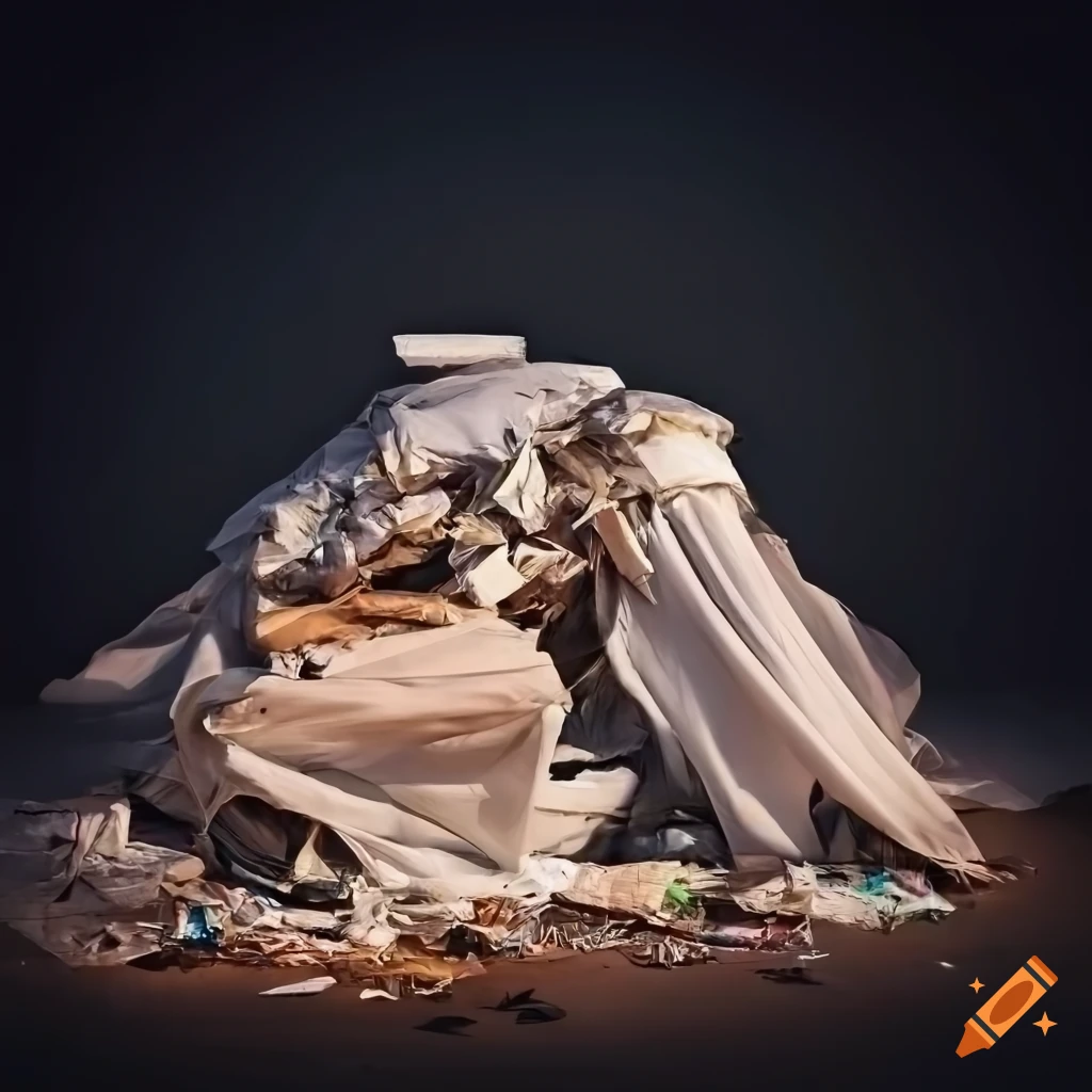 Pile of junk garbage covered with white drapery in a dramatic landscape