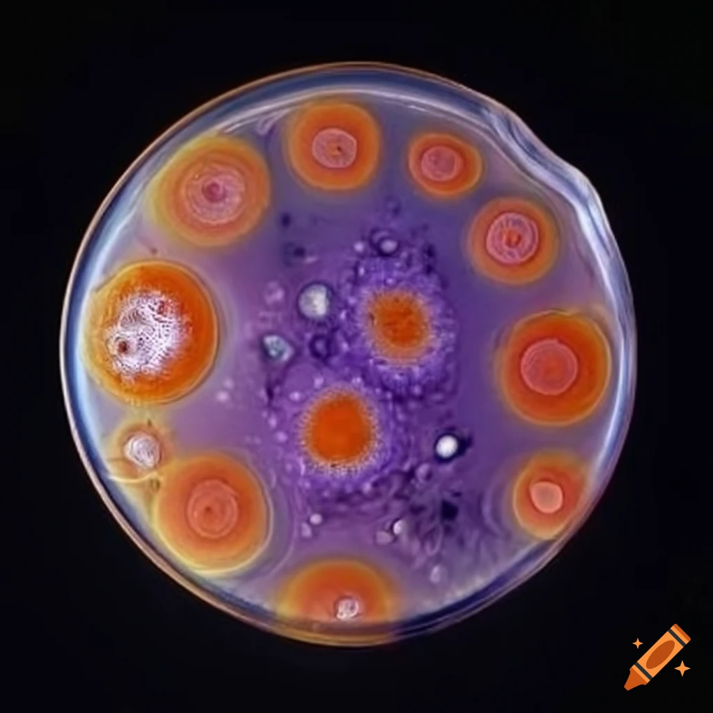 Magnified intricate fungal structures in a culture petri dish