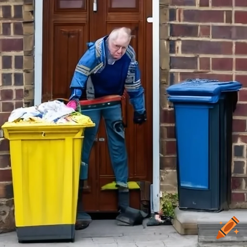 Bradford council bin collection scene with collection man at a house door on Craiyon