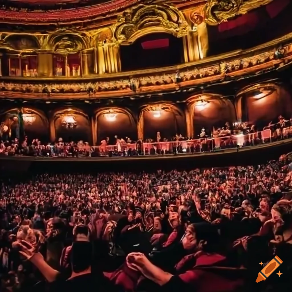 Rowdy colorful audience in a grand theatre in Washington D.C. at night