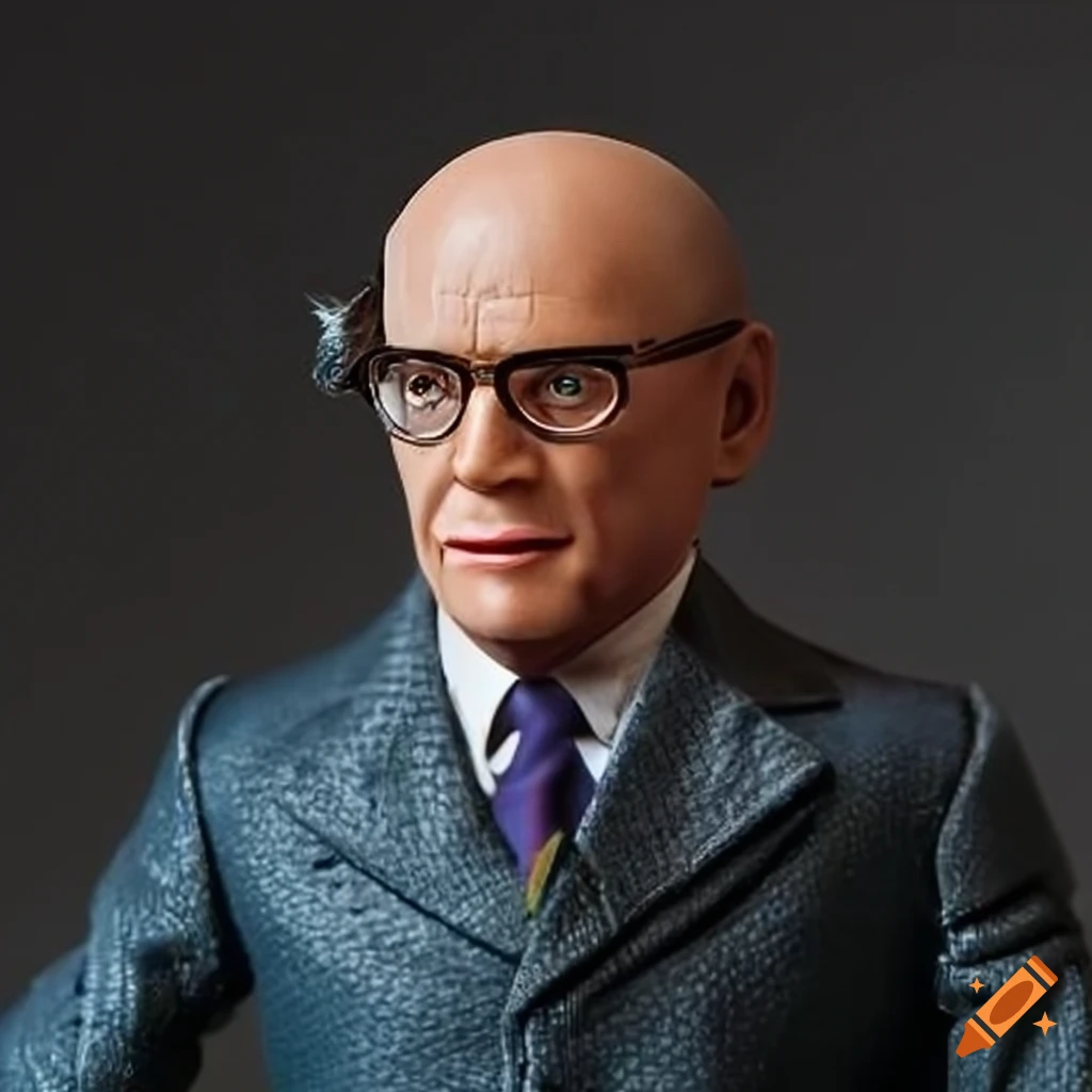 Action figure of seated politician with glasses and bald head on Craiyon