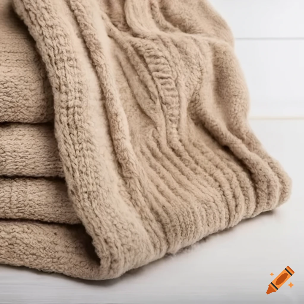 Natural soft linen blanket knitted in fleece style on a white background