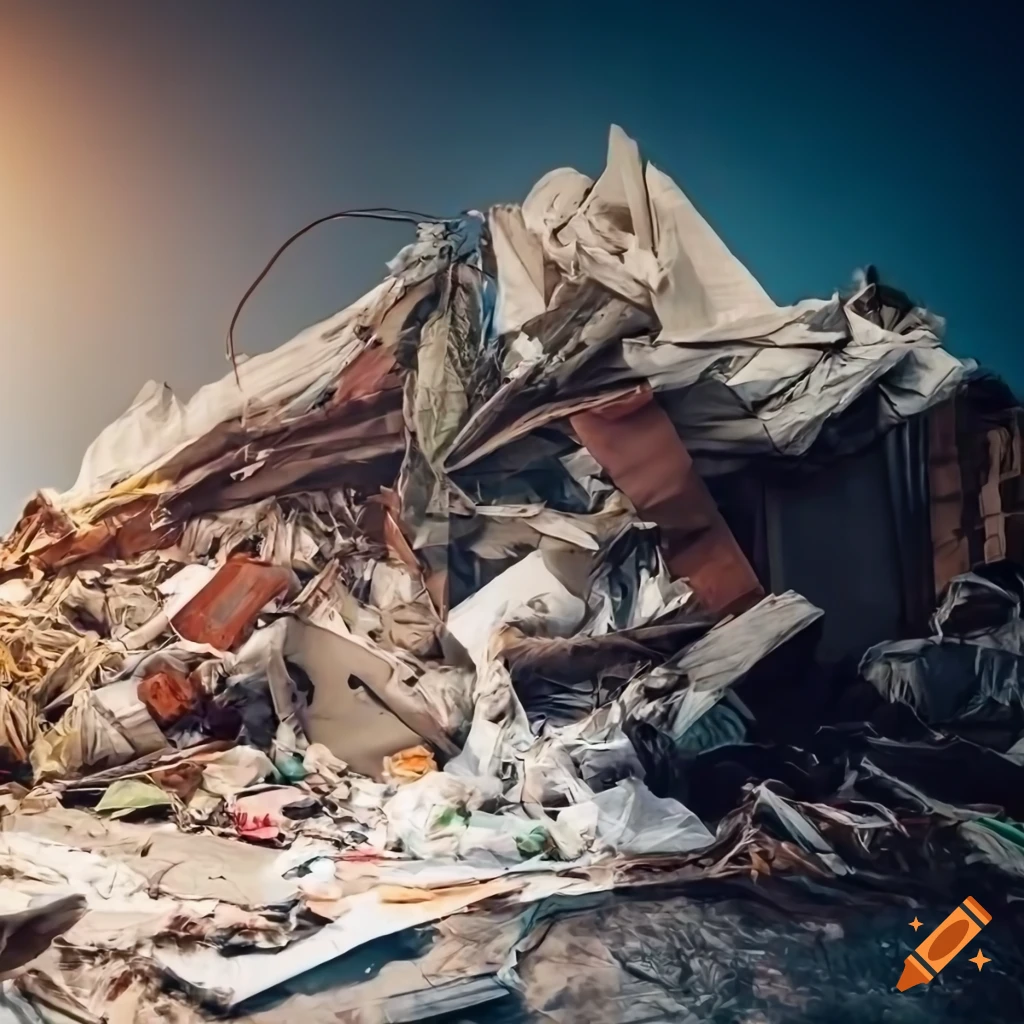 Pile of junk garbage covered with white drapery in a destroyed landscape