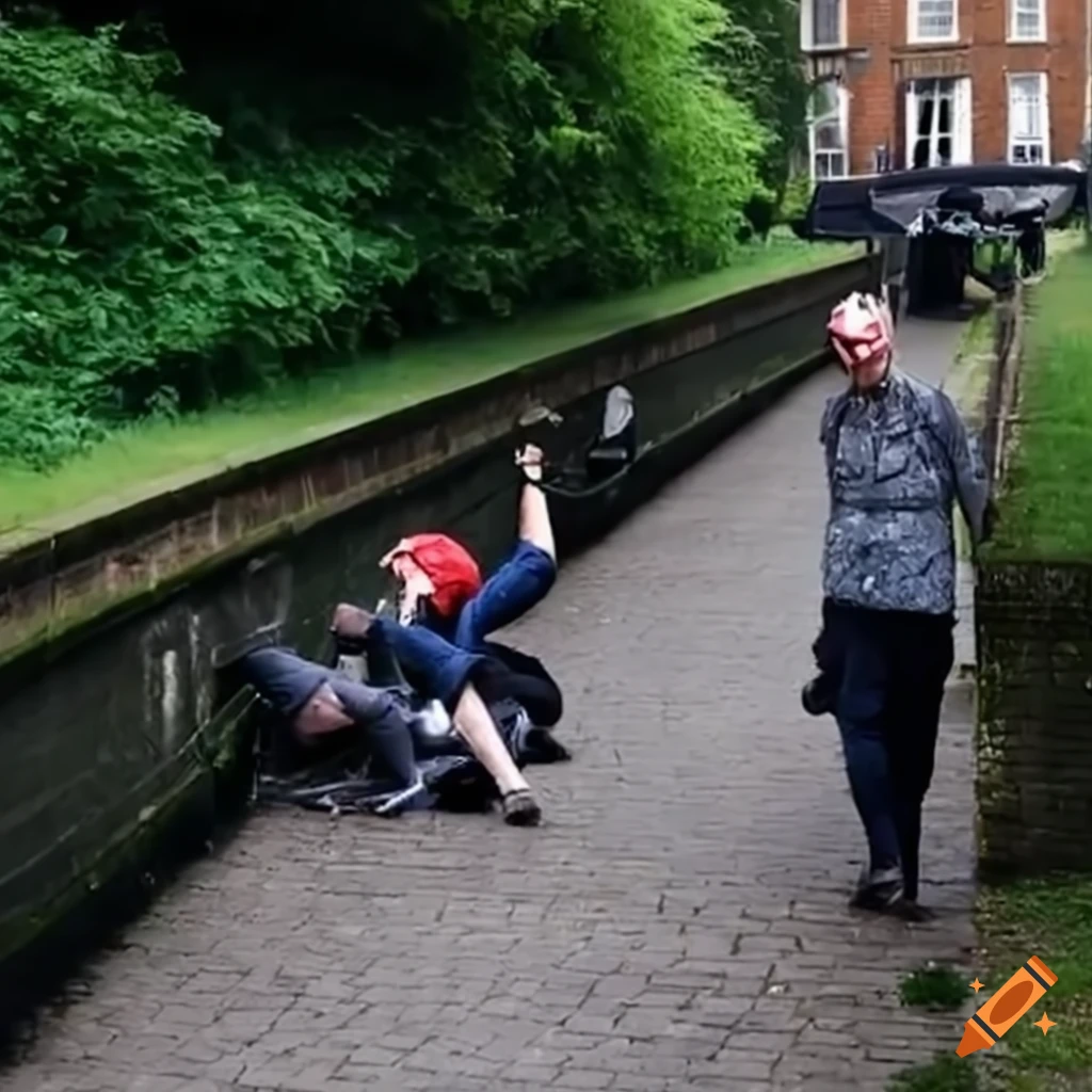 Man falling off bicycle by London canal