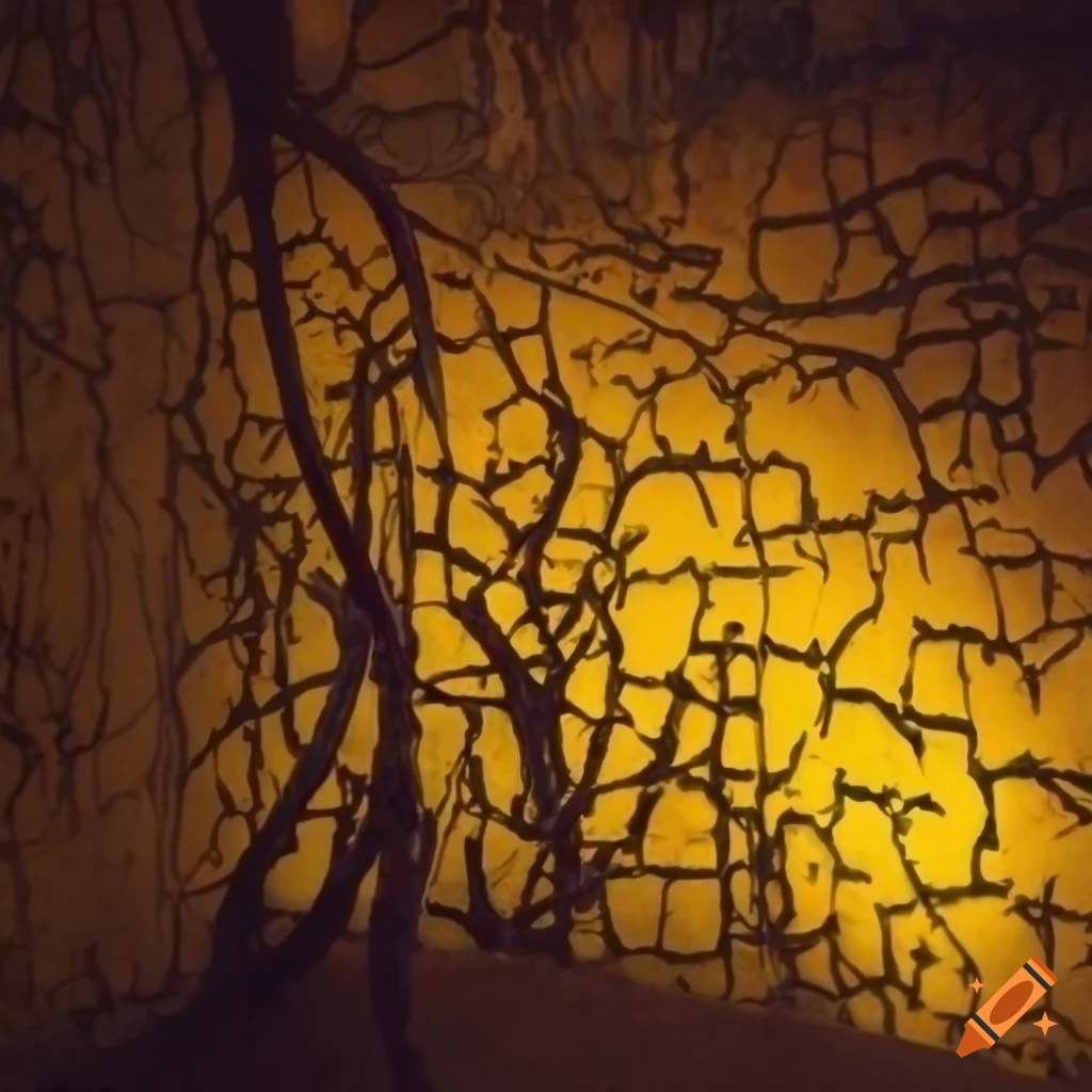 Ugly yellow wallpaper with torn bars, vine designs, and fungi on Craiyon