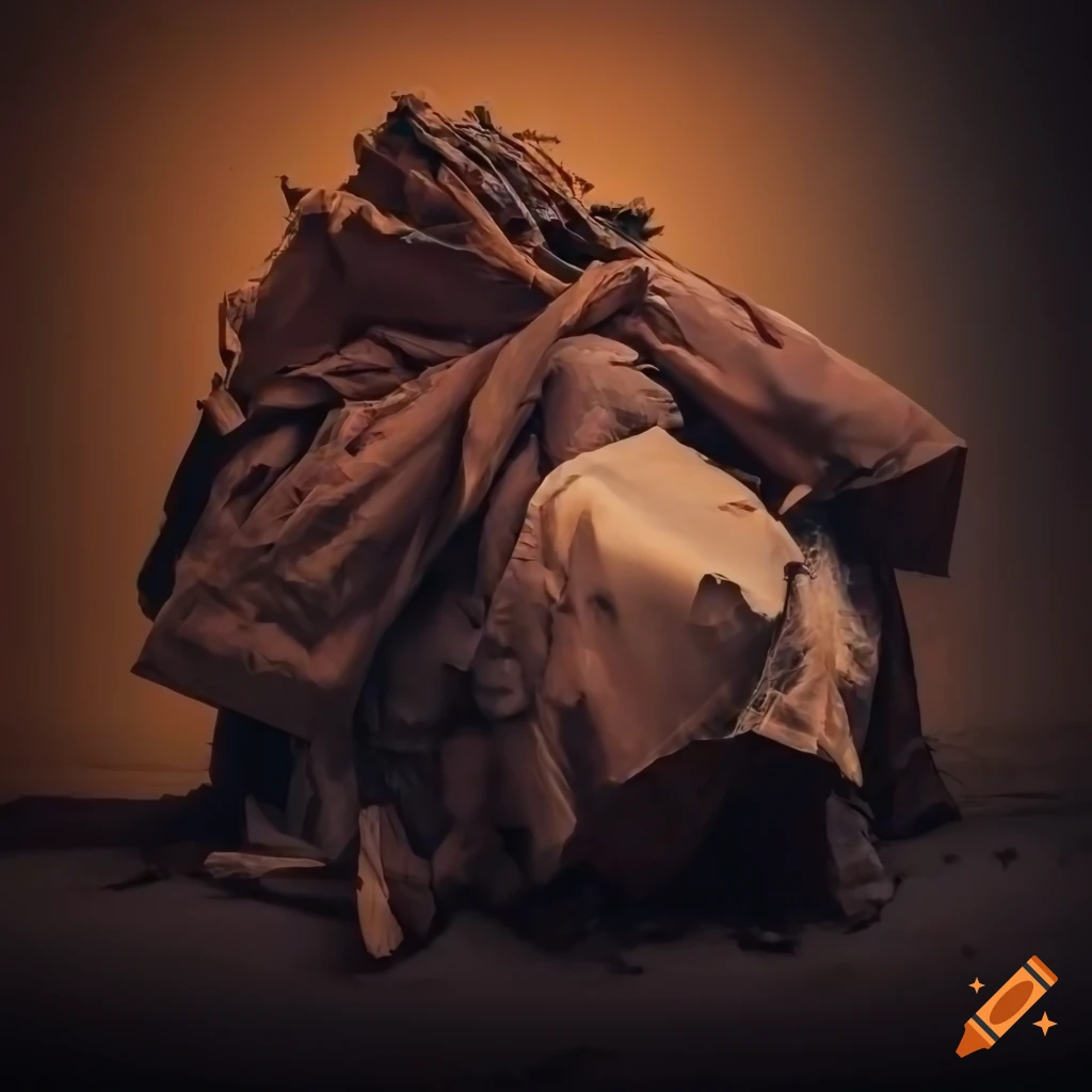 Pile of junk garbage covered with drapery in a dramatic destroyed landscape