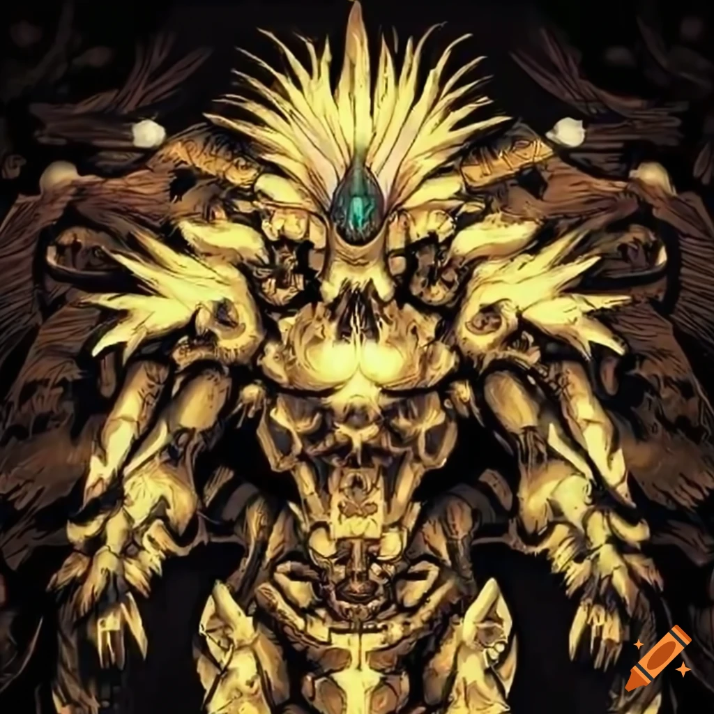 Aztec-style mecha anime with golden feathered accents and skull-head design