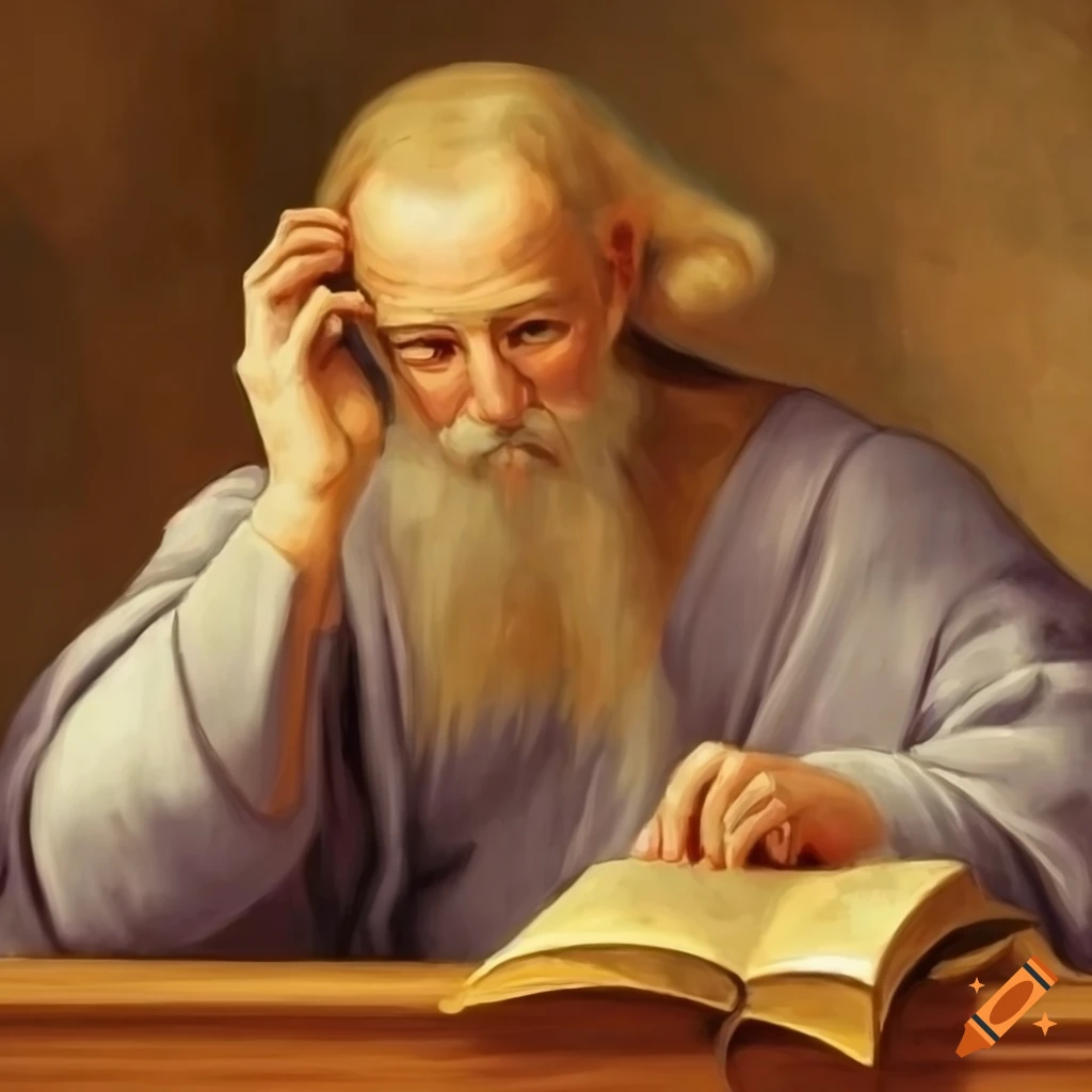 Moine scribe recopiant un livre avec une plume dans un monastère dans le style de Michel-Ange