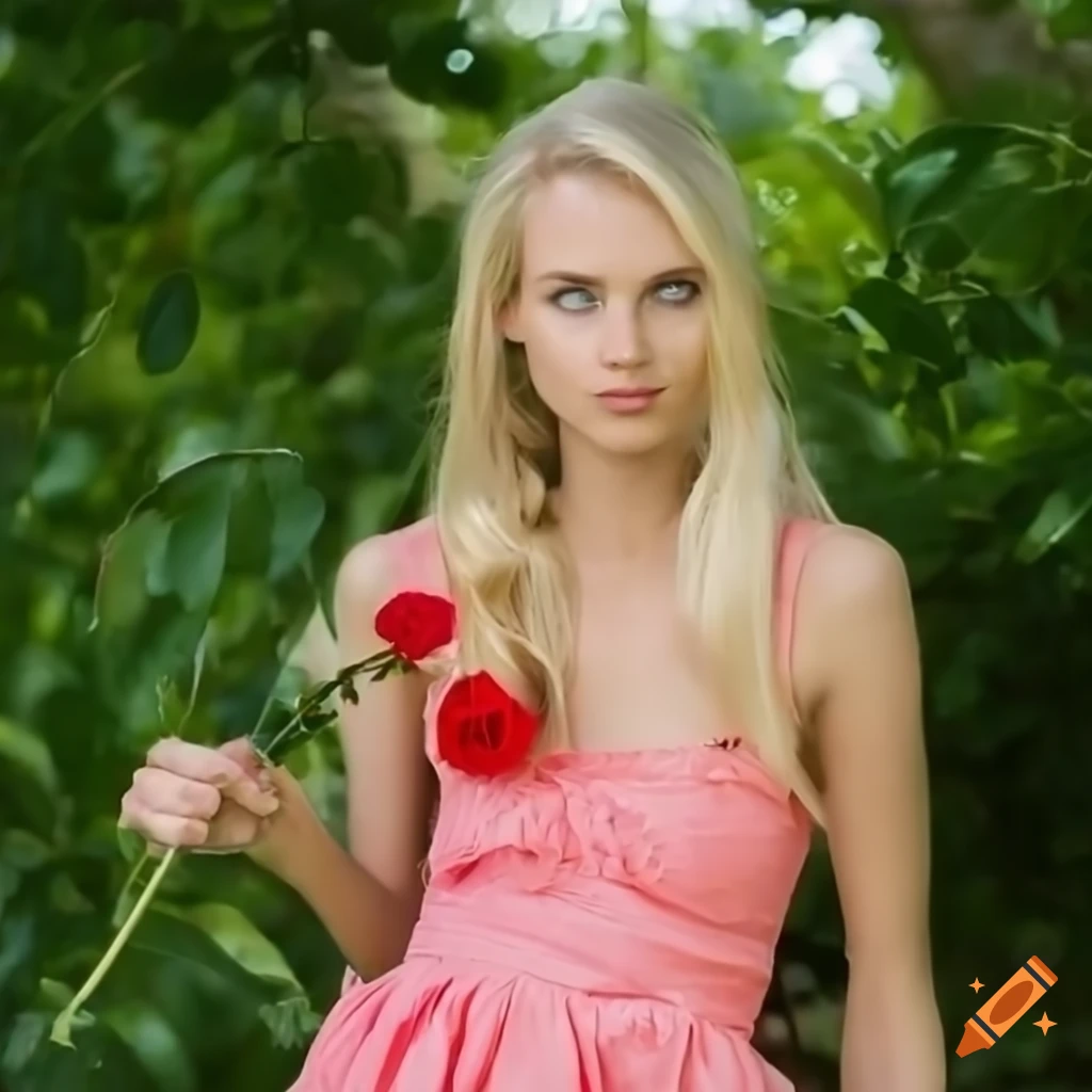 Blonde supermodel in a summer dress with a rose in a garden