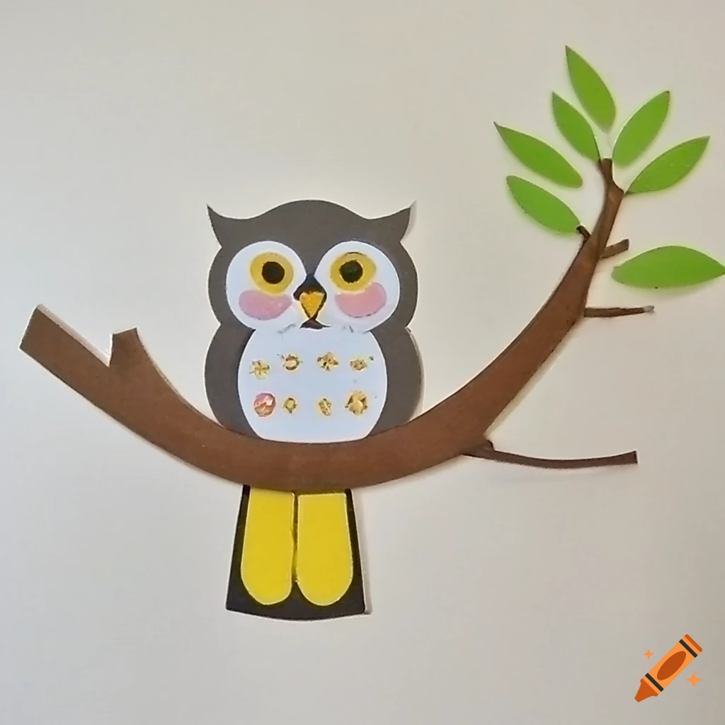 Owl perched on a branch in a kawaii paper craft style