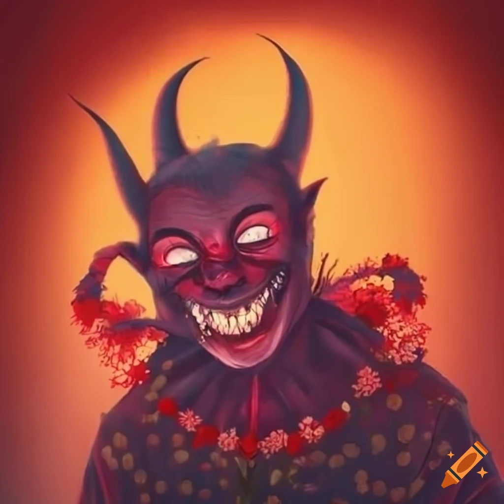 Devil happily skipping through a field of flowers with a wide smile