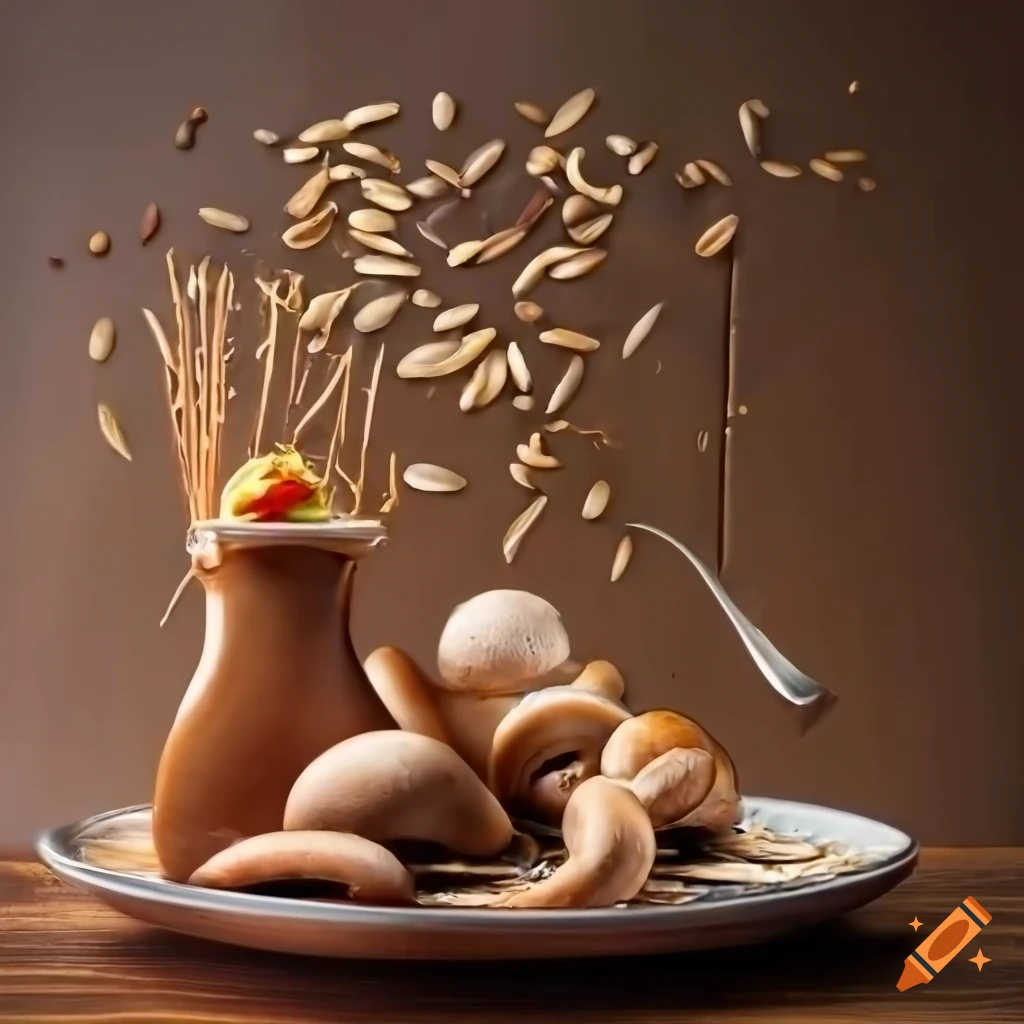 Vibrant mushroom and sunflower seed dish on wooden table on Craiyon