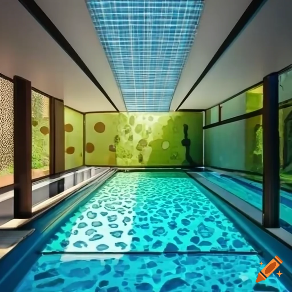 Pool with animal print tile inside and modern house in background