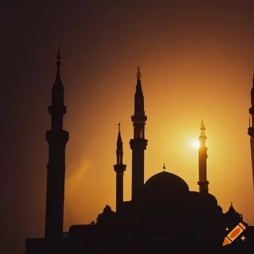 Sunset with light illuminating near a mosque