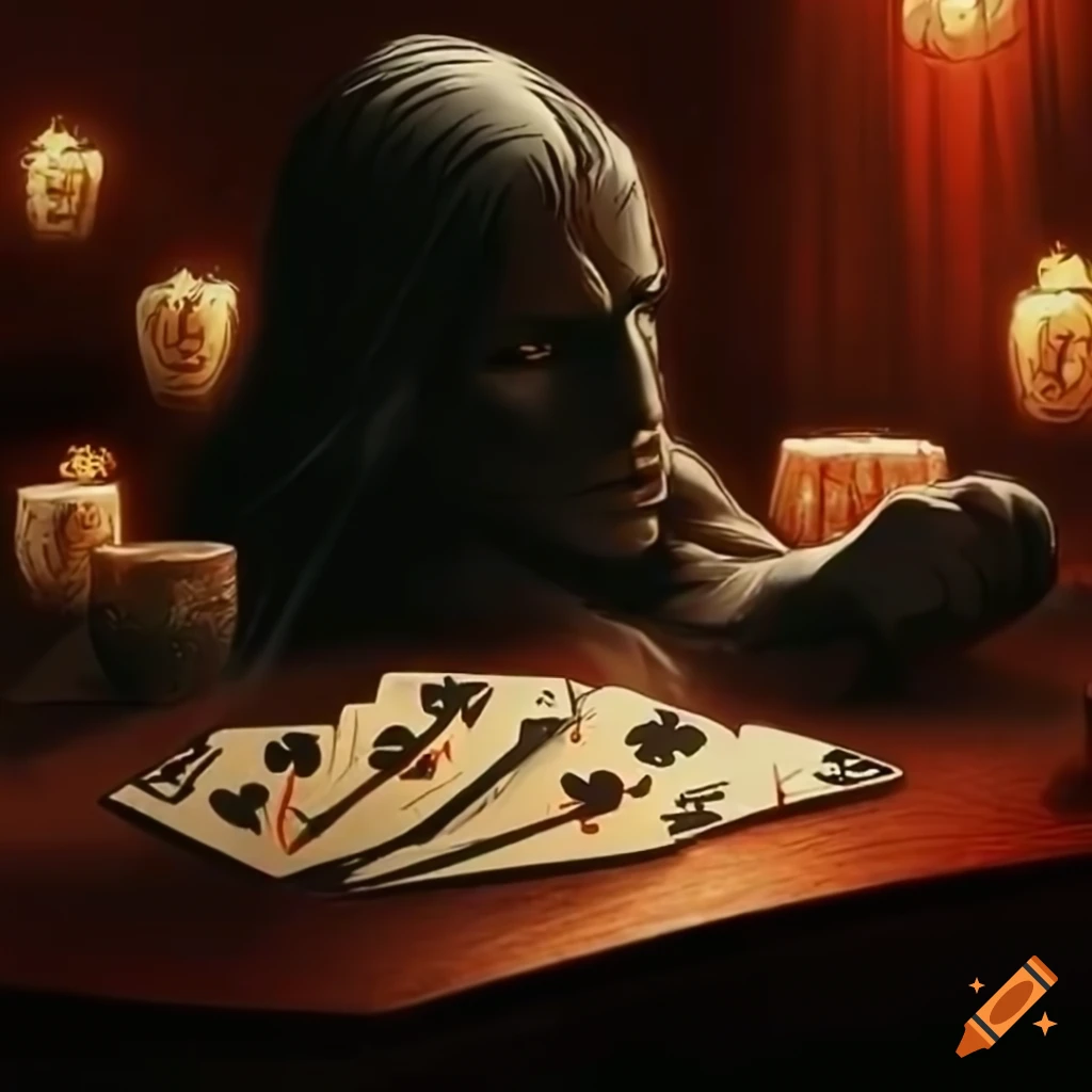 Table with vermouth and poker cards in a dark setting