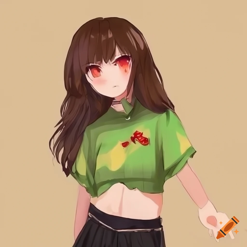 Chara posing in a crop top and black shorts outfit