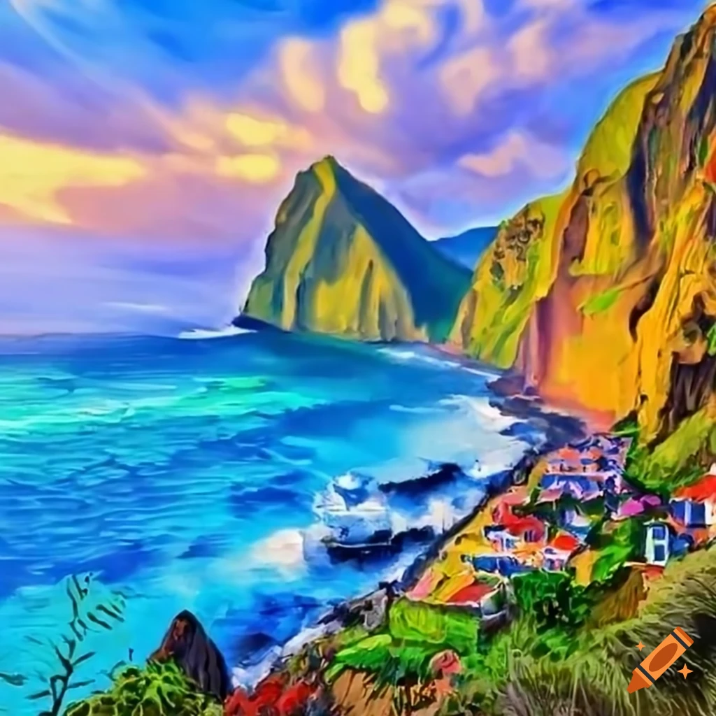 Colorful and vibrant painting of Madeira coast