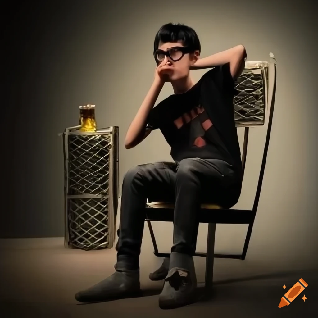 Black-haired boy with round glasses sitting on a bench next to a container