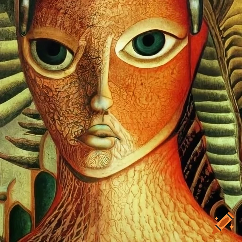 Surrealist painting of women and tree in a fantasy space age scene on ...